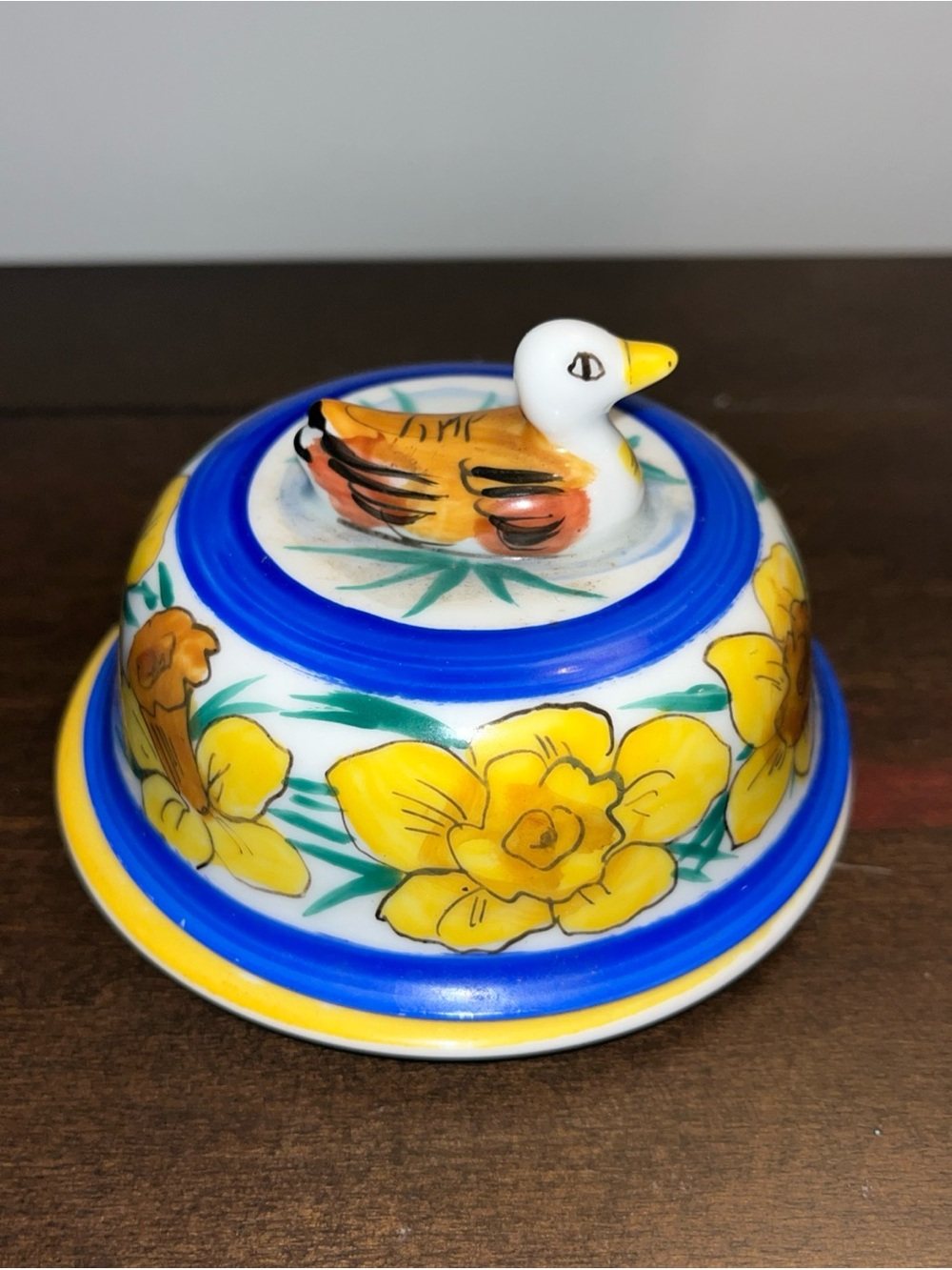 LIMOGES PEINT MAIN TOUR D'ARGENT COVERED BUTTER PAT FOIE GRAS DISH DUCK FINIAL